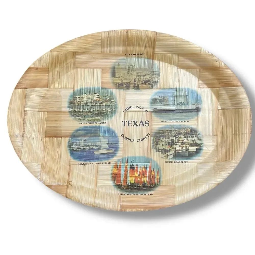 Vintage Bamboo Serving Tray Oval Texas Coast Padre Island Corpus Christi